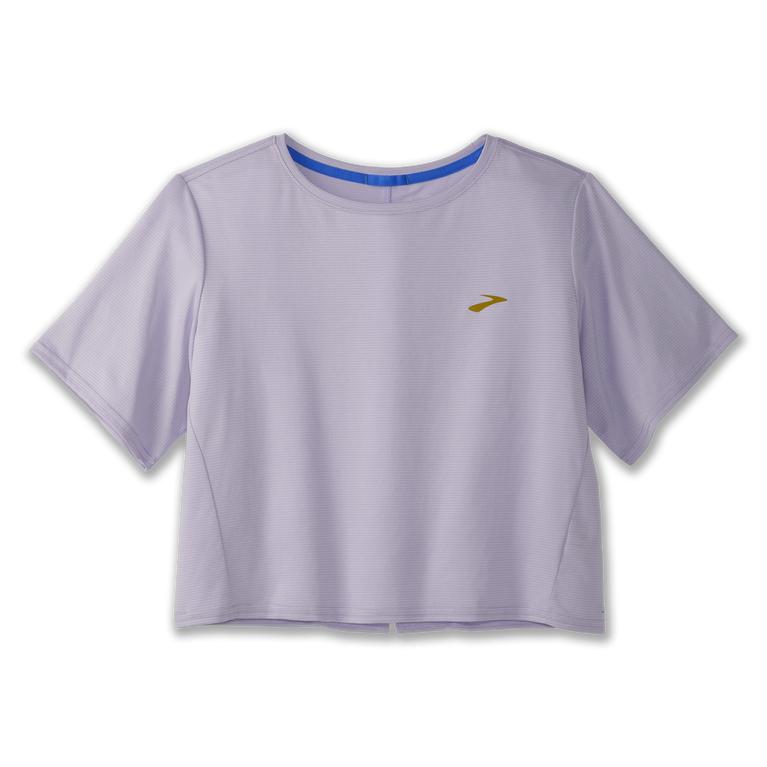 Brooks Womens Run Within Crop Short Sleeve Running Shirt - Violet Dash Stripe/Lavender Purple (25980